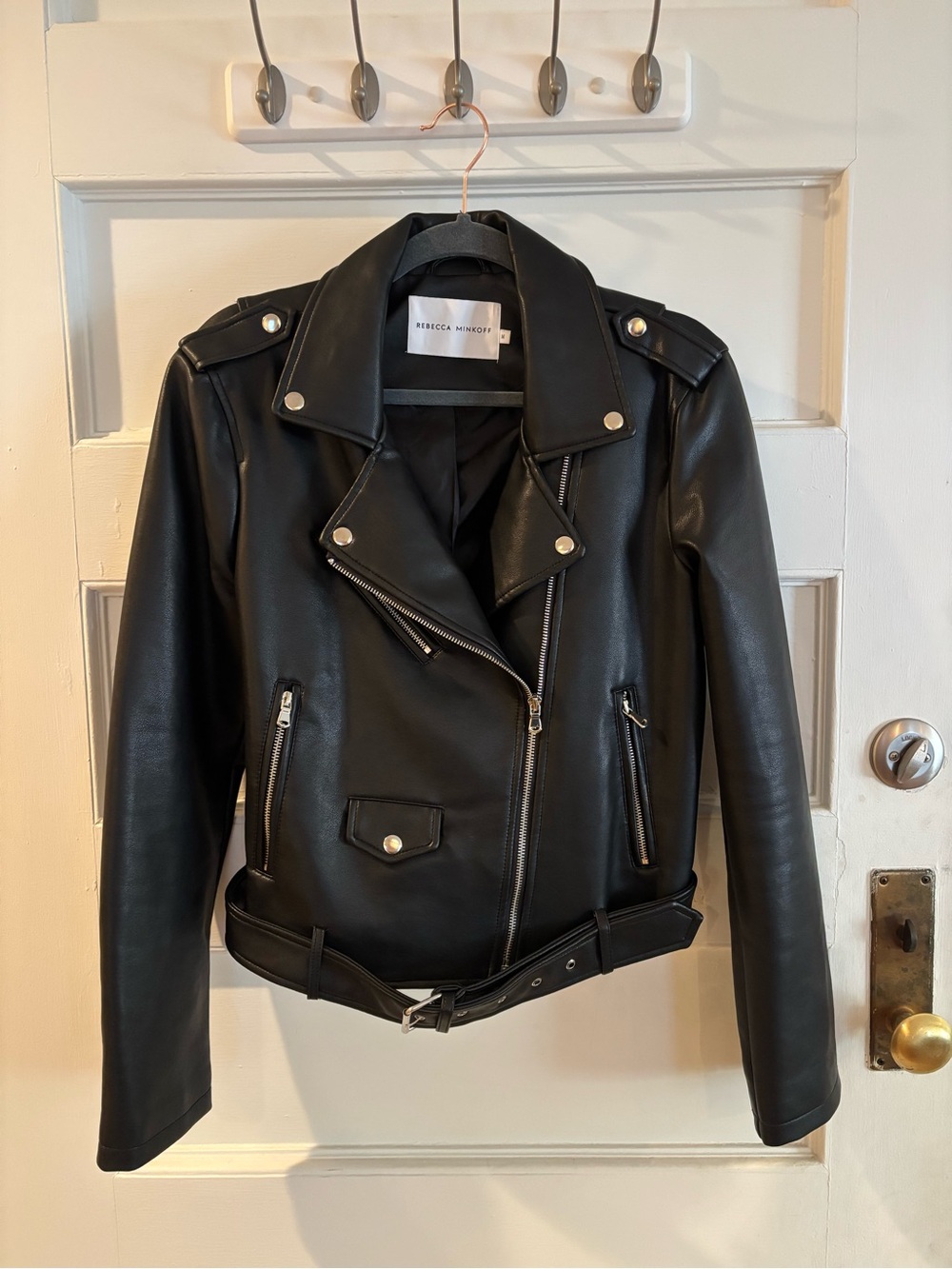 Rebecca Minkoff Black Faux Leather Moto Jacket with Belt